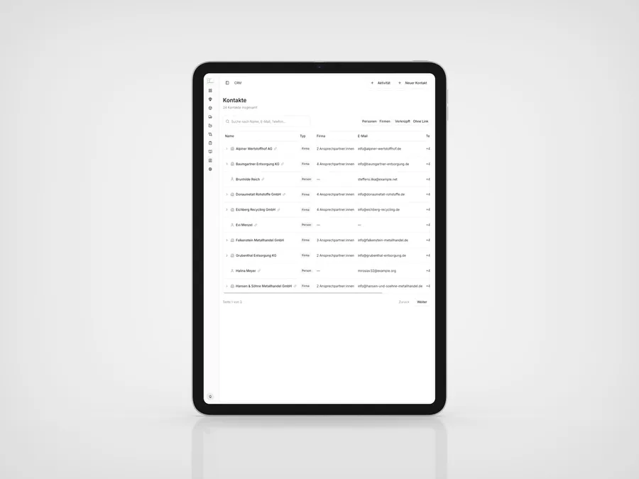 Warenwirtschaft GS GmbH – CRM-Kontaktliste mit Firmen, Ansprechpartnern und Verknüpfungen