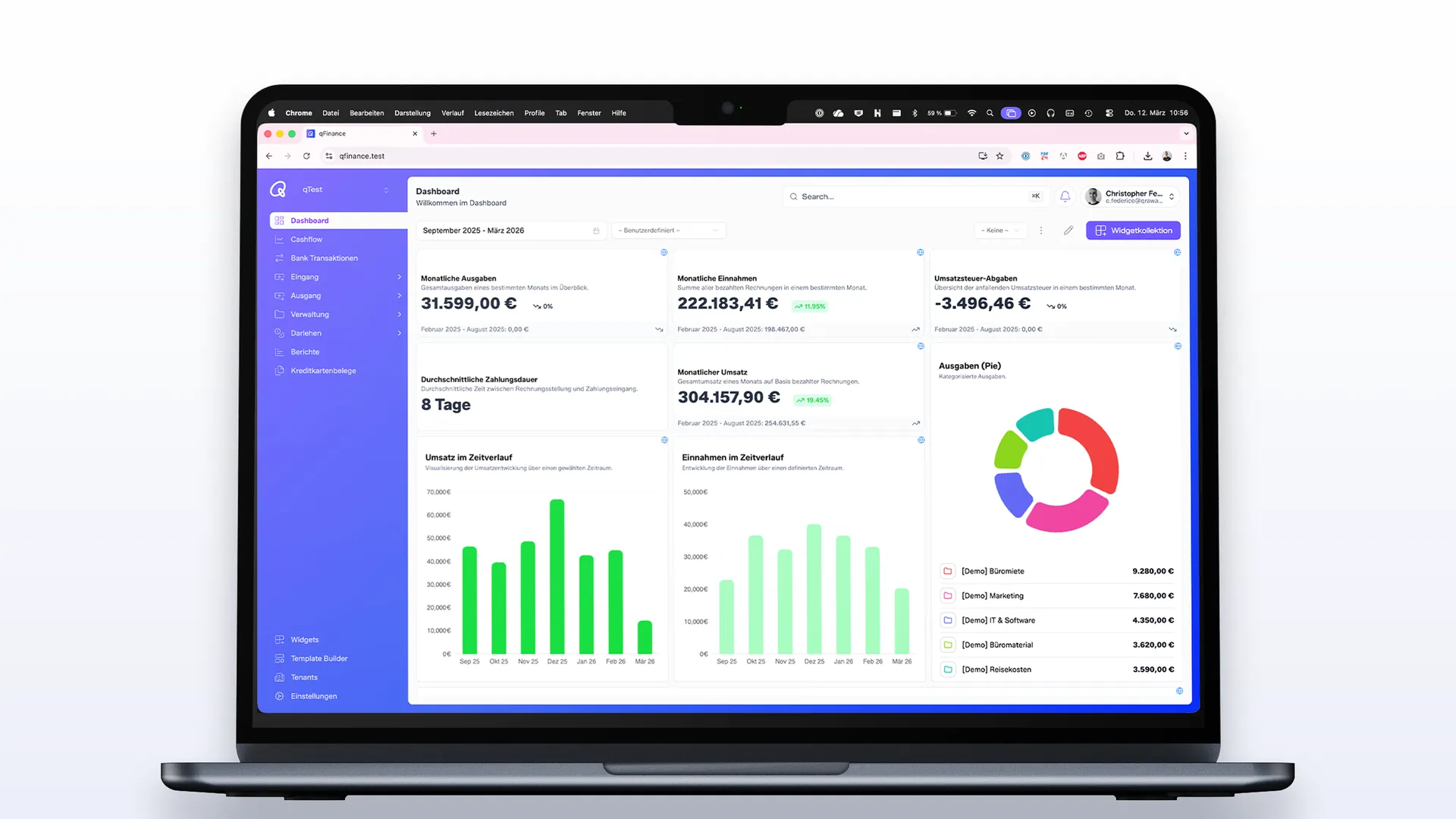 qFinix Dashboard auf einem Laptop mit Kennzahlen zu Ausgaben, Einnahmen und Umsatz, Umsatzverlauf und Ausgabenverteilung